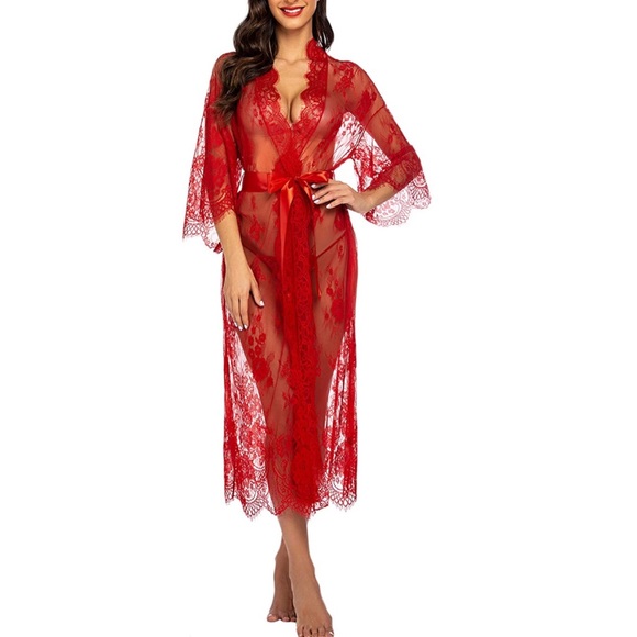 Long Lace Lingerie Kimono Robe Swimsuit Cover Up - Picture 2 of 7
